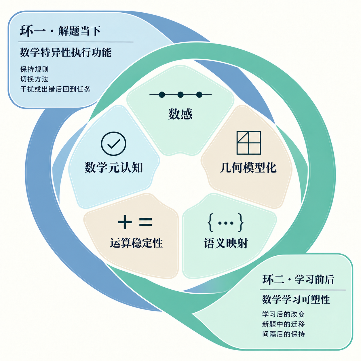 五核二环示意图:数感、几何模型化、语义映射、运算稳定性和数学元认知组成五核;数学特异性执行功能与数学学习可塑性组成两个包围五核的调节环。